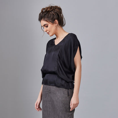 Rosetta- Black Satin Kaftan with Side Cowl Drape