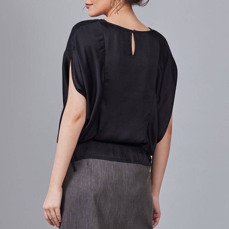 Rosetta- Black Satin Kaftan with Side Cowl Drape