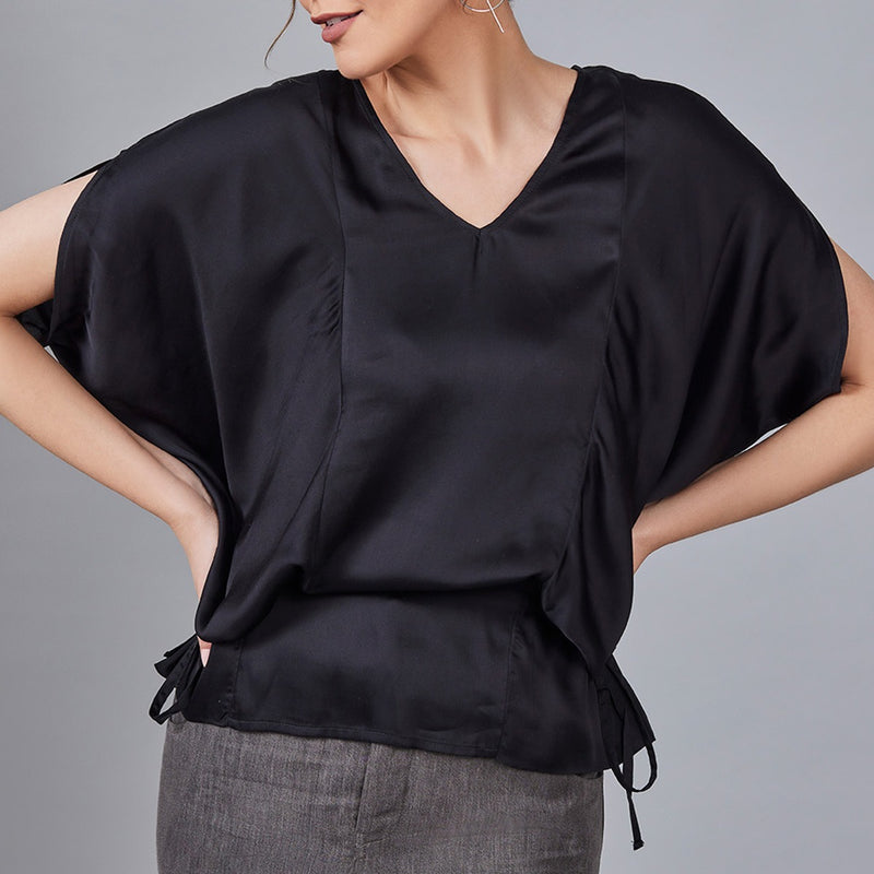 Rosetta- Black Satin Kaftan with Side Cowl Drape