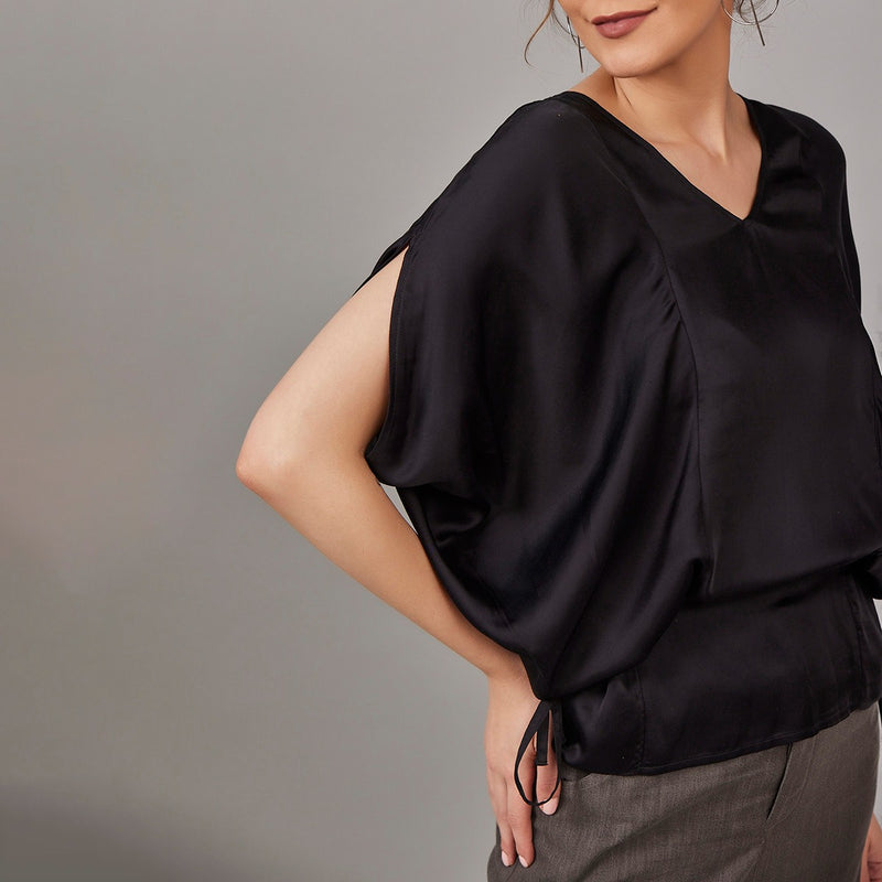 Rosetta- Black Satin Kaftan with Side Cowl Drape