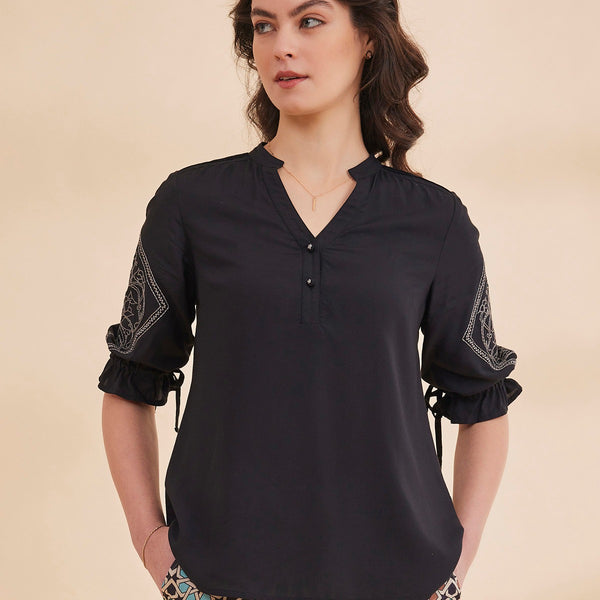 Sahar- Black Organic Bamboo Motif Embroidered Top