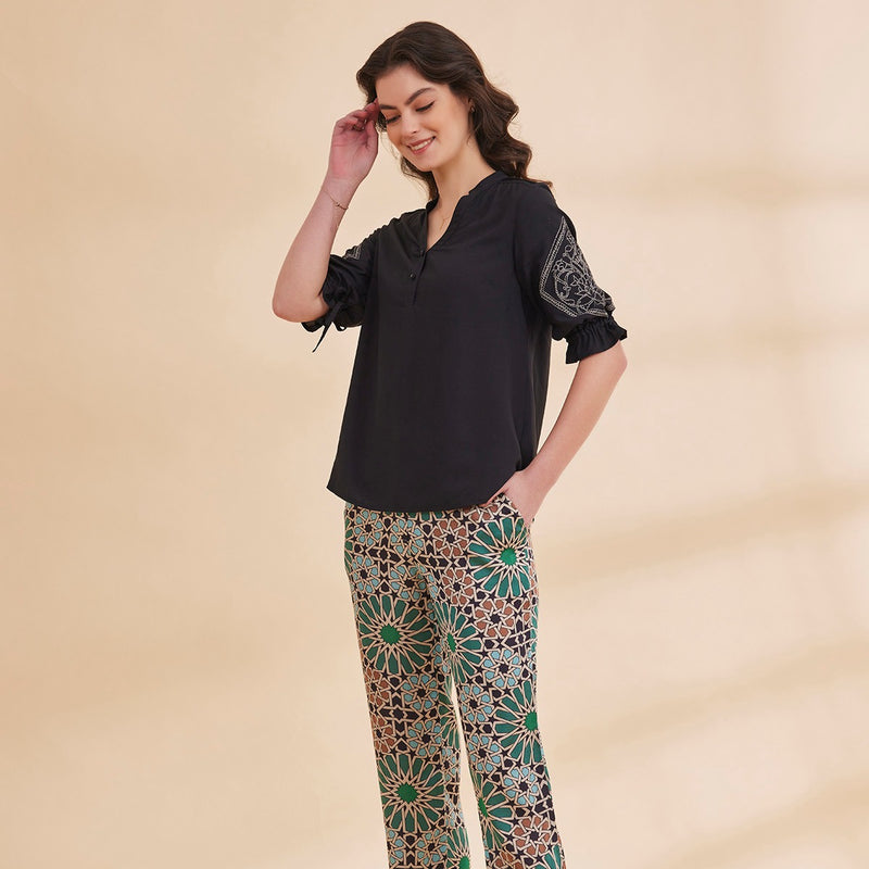 Sahar- Black Organic Bamboo Motif Embroidered Top