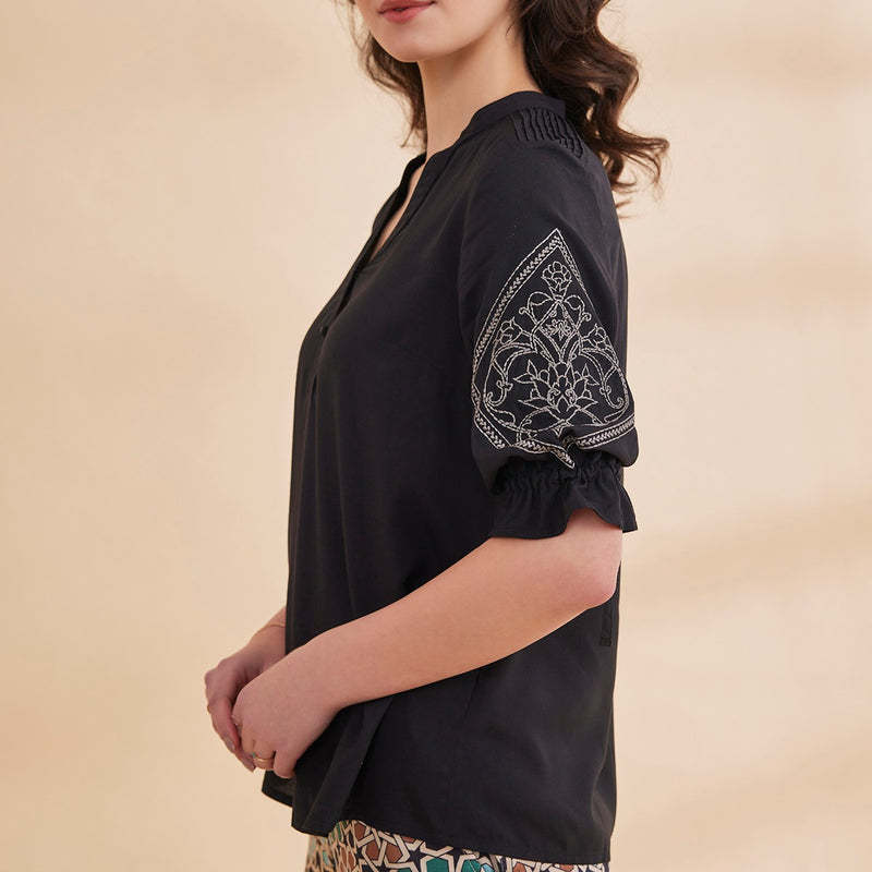 Sahar- Black Organic Bamboo Motif Embroidered Top