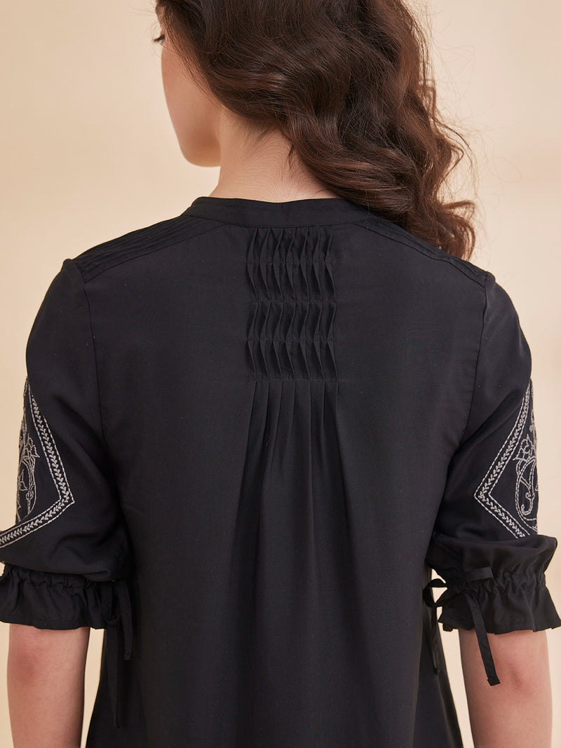 Sahar- Black Organic Bamboo Motif Embroidered Top