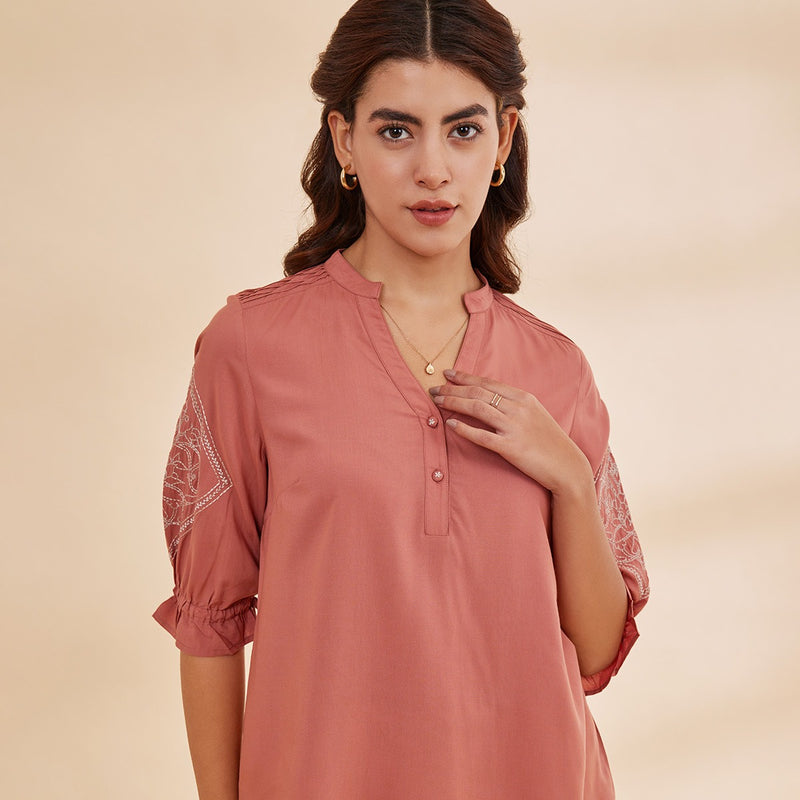 Sahar- Vintage Pink Organic Bamboo Motif Embroidered Top