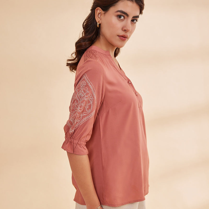 Sahar- Vintage Pink Organic Bamboo Motif Embroidered Top