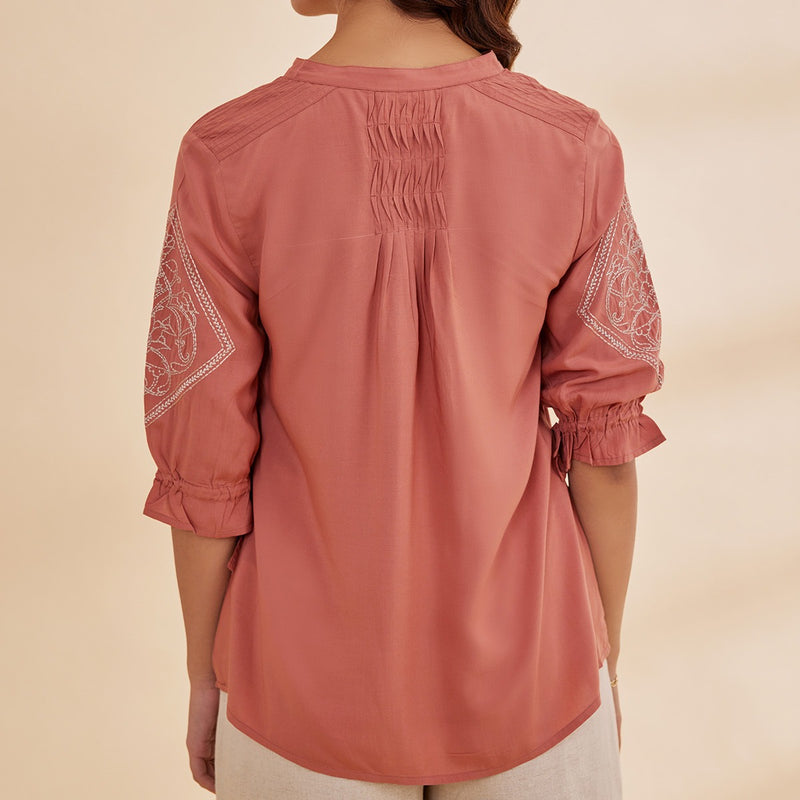 Sahar- Vintage Pink Organic Bamboo Motif Embroidered Top