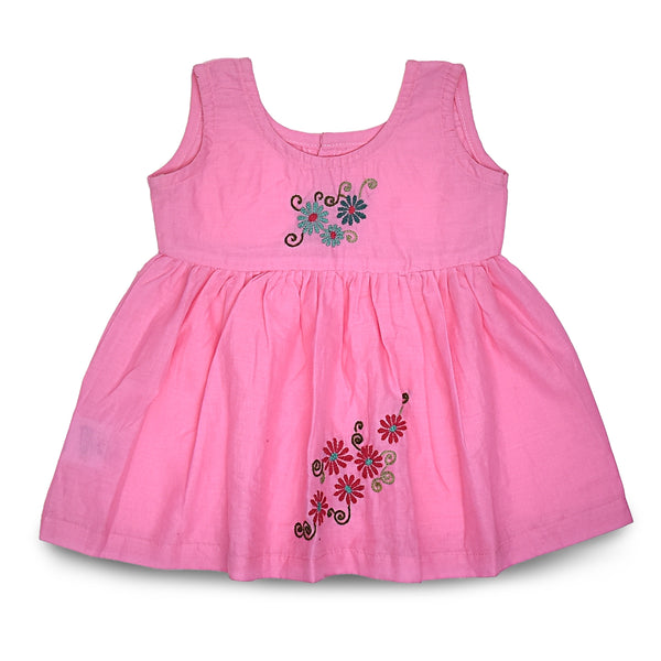 Pink Cotton Baby Dress with Daisy Design Hand Embroidery