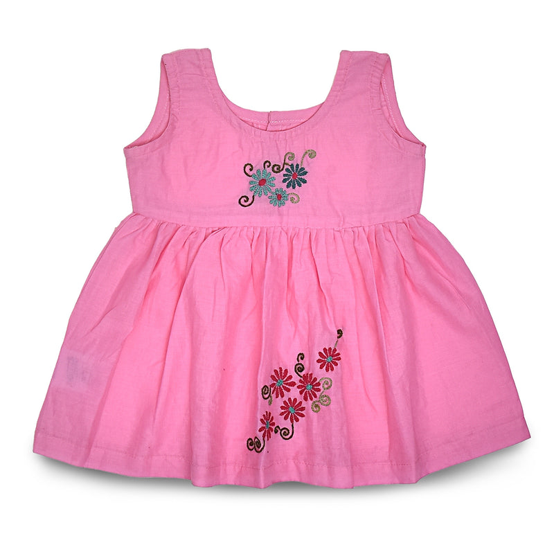 Pink Cotton Baby Dress with Daisy Design Hand Embroidery