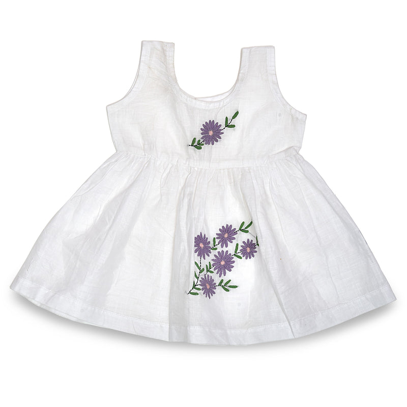 White Cotton Baby Dress with Lavendar Design Hand Embroidery