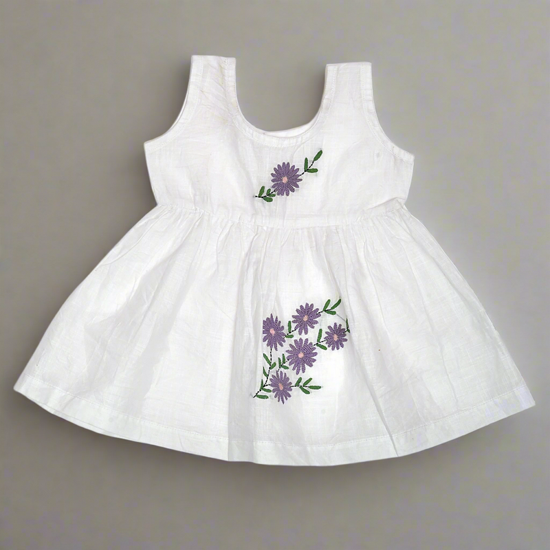 White Cotton Baby Dress with Lavendar Design Hand Embroidery