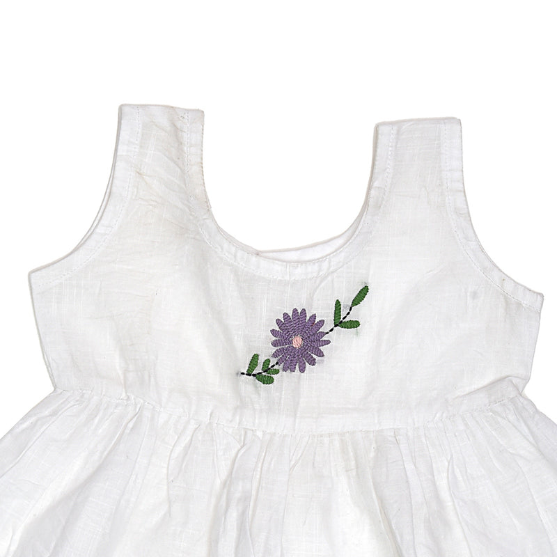 White Cotton Baby Dress with Lavendar Design Hand Embroidery