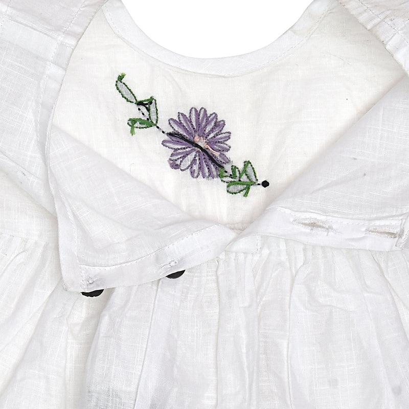 White Cotton Baby Dress with Lavendar Design Hand Embroidery