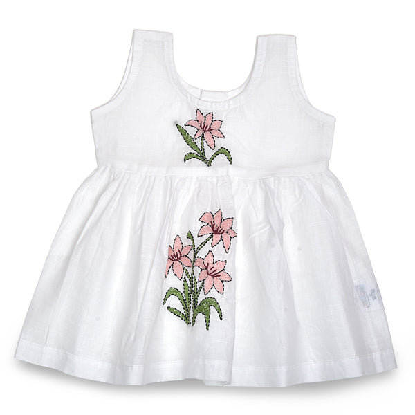 White Cotton Baby Dress with Lily Design Hand Embroidery