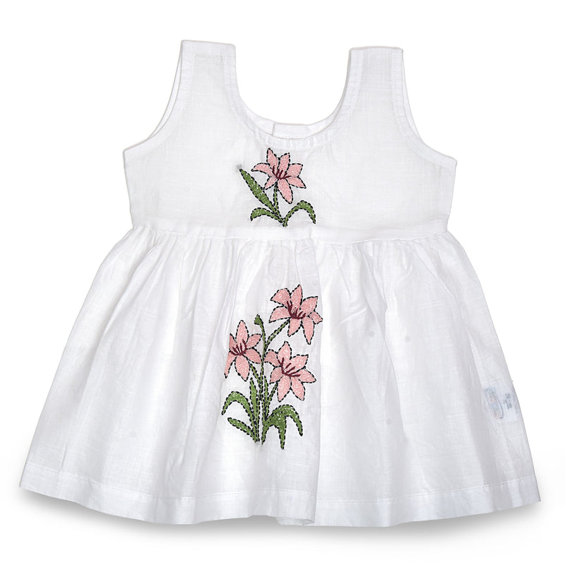 White Cotton Baby Dress with Lily Design Hand Embroidery