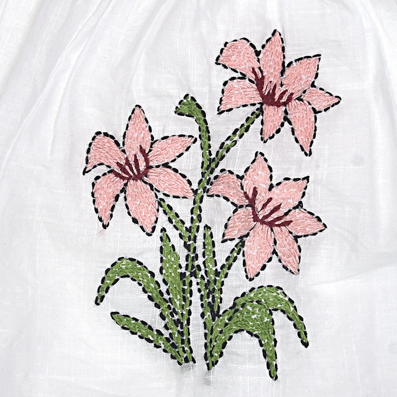 White Cotton Baby Dress with Lily Design Hand Embroidery