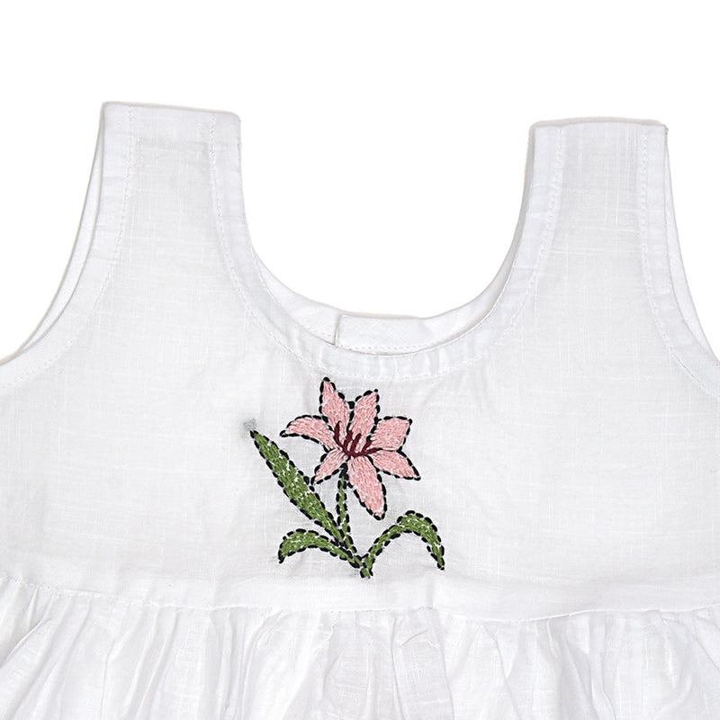 White Cotton Baby Dress with Lily Design Hand Embroidery