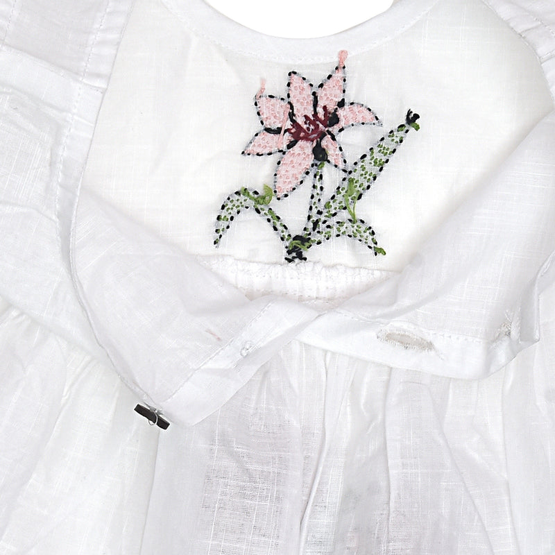 White Cotton Baby Dress with Lily Design Hand Embroidery