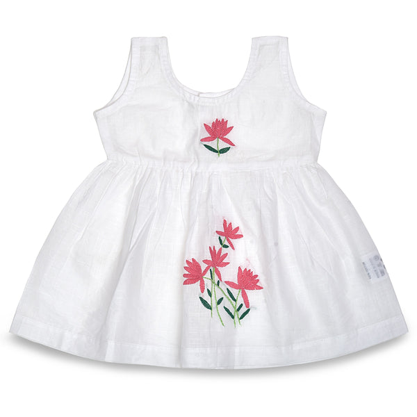 White Cotton Baby Dress with Lotus Design Hand Embroidery