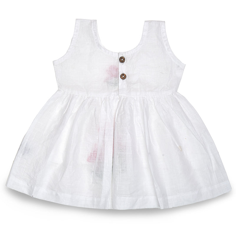 White Cotton Baby Dress with Lotus Design Hand Embroidery