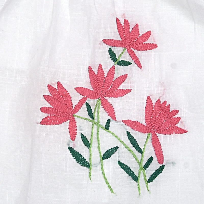 White Cotton Baby Dress with Lotus Design Hand Embroidery