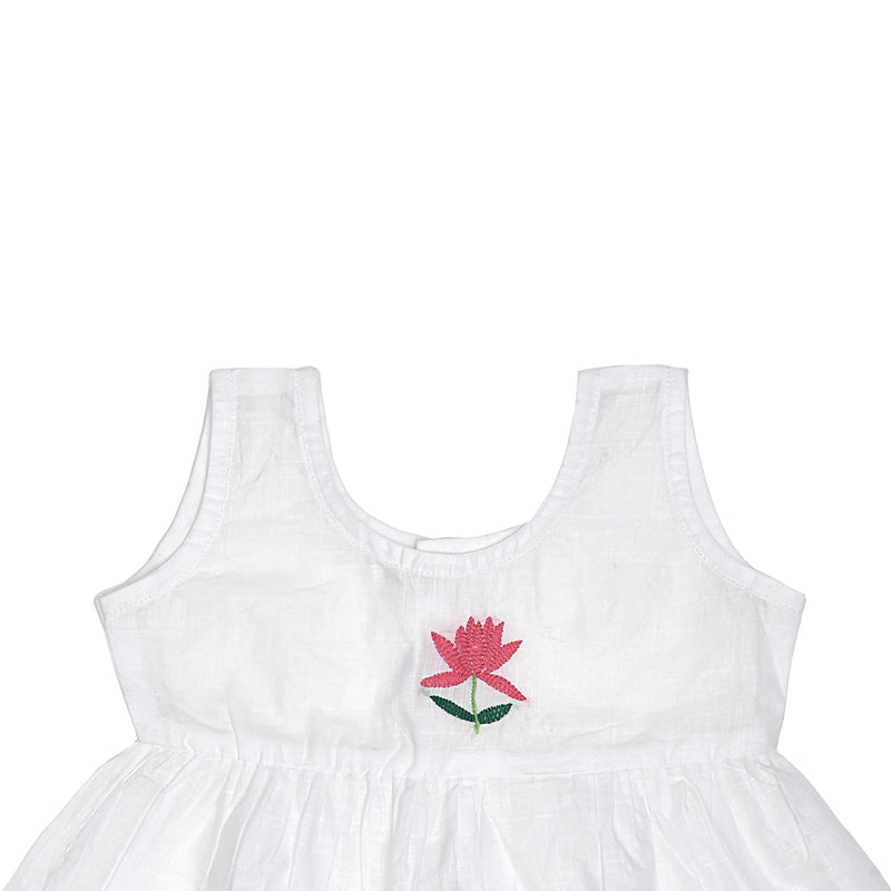 White Cotton Baby Dress with Lotus Design Hand Embroidery