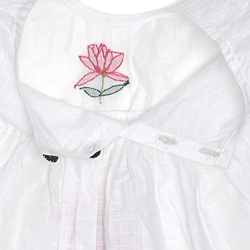 White Cotton Baby Dress with Lotus Design Hand Embroidery