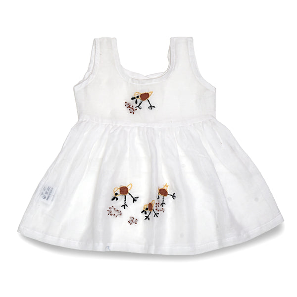 White Mulmul Baby Dress with Hen Design Hand Embroidery