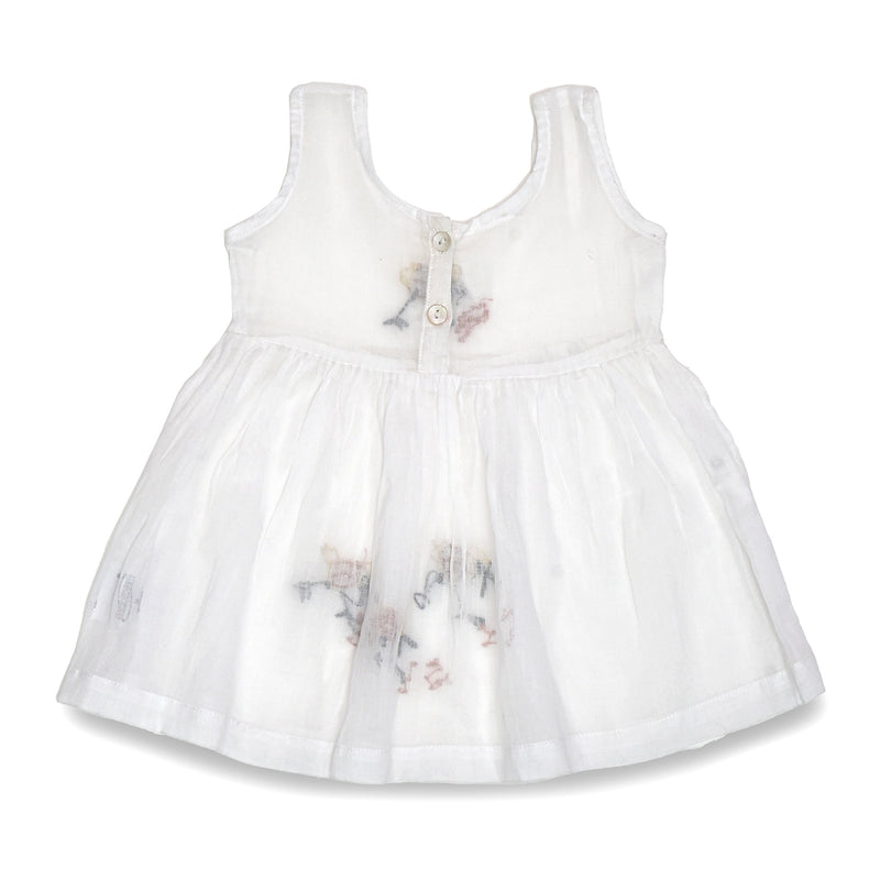 White Mulmul Baby Dress with Hen Design Hand Embroidery