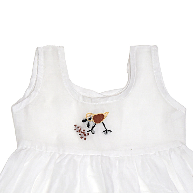 White Mulmul Baby Dress with Hen Design Hand Embroidery