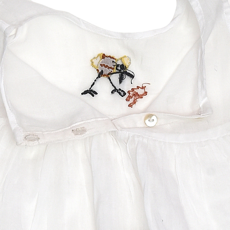 White Mulmul Baby Dress with Hen Design Hand Embroidery