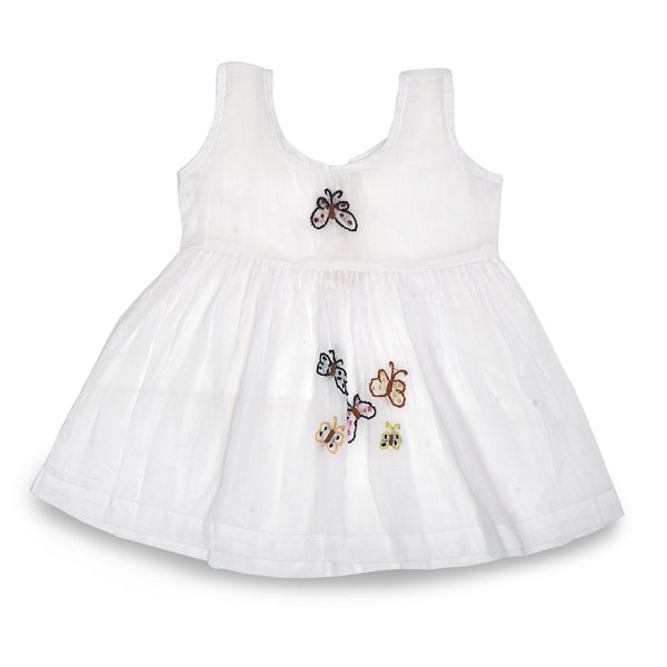 White Mulmul Baby Dress with Butterfly Design Hand Embroidery