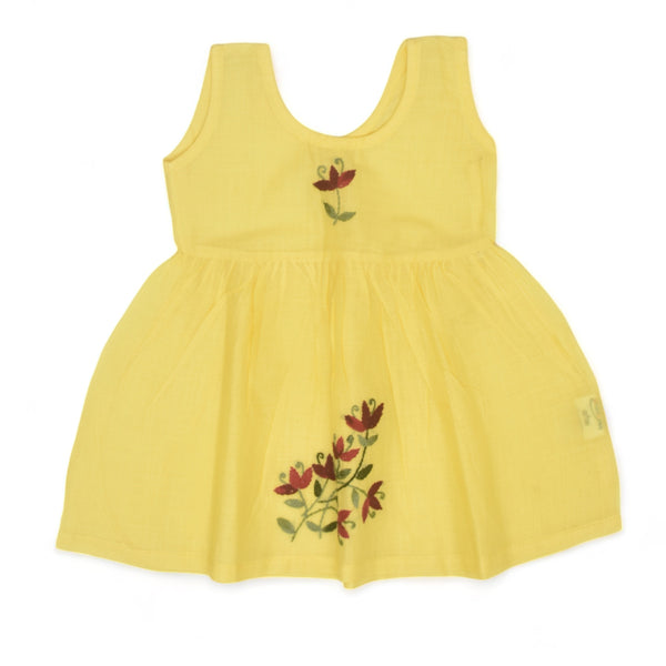 Yellow Cotton Baby Dress with Periwinkle Design Hand Embroidery