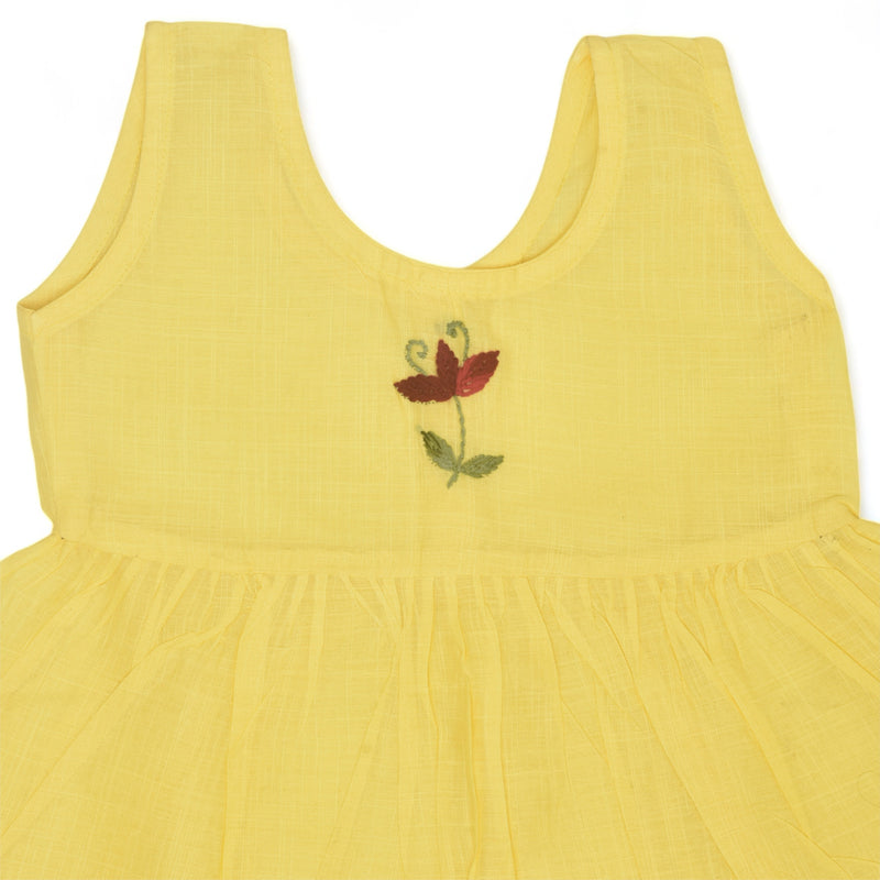 Yellow Cotton Baby Dress with Periwinkle Design Hand Embroidery