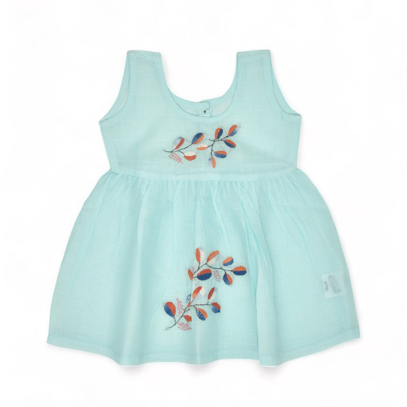 Blue Cotton Baby Dress with Petal Design Hand Embroidery