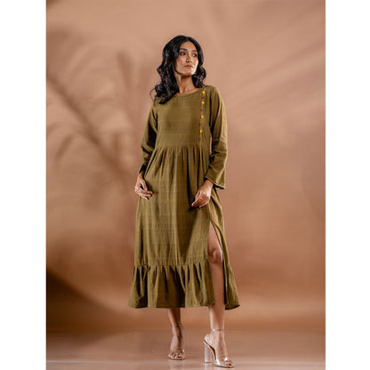 Aranya Embroidered Olive Kala Cotton Dress
