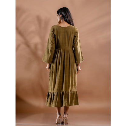 Aranya Embroidered Olive Kala Cotton Dress