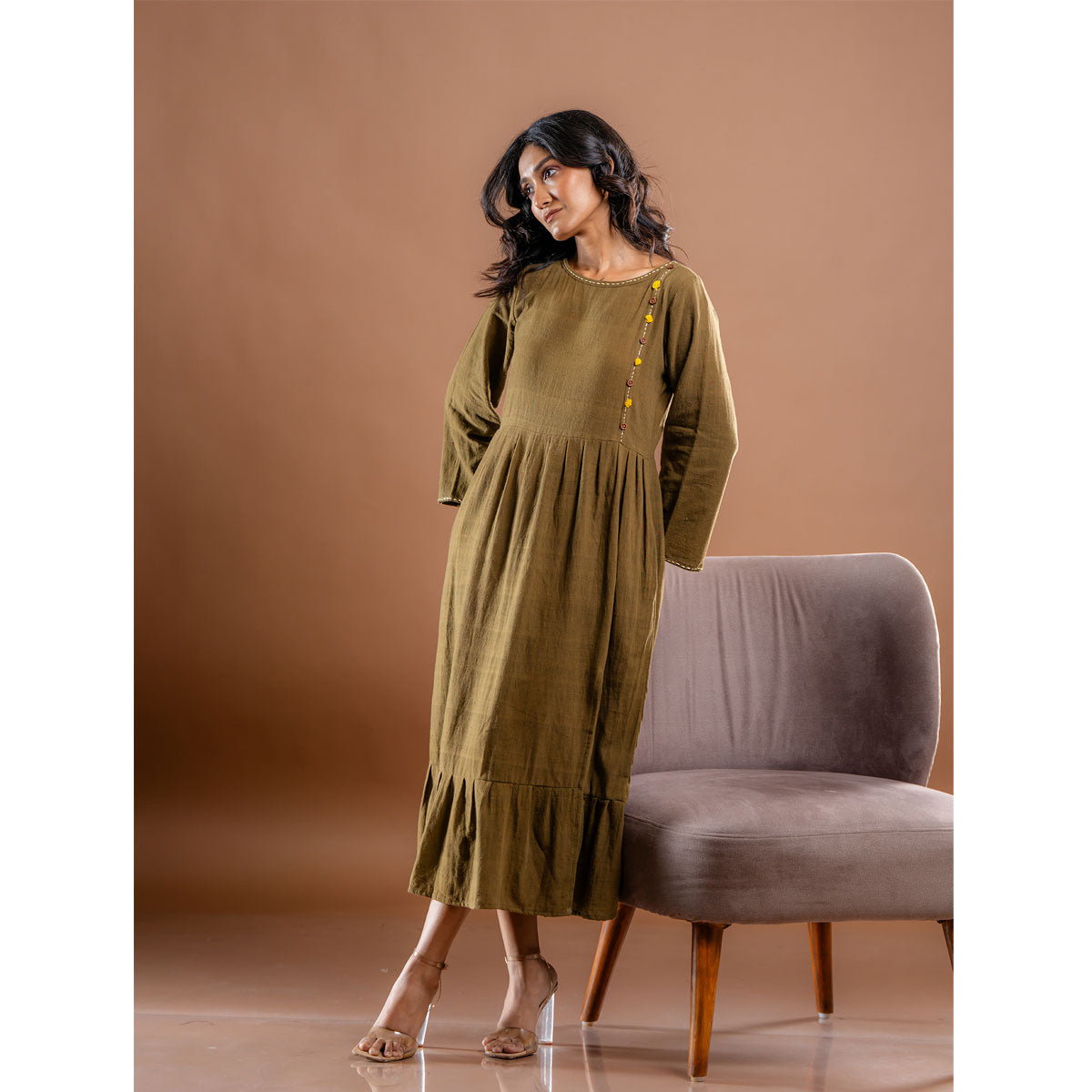 Aranya Embroidered Olive Kala Cotton Dress