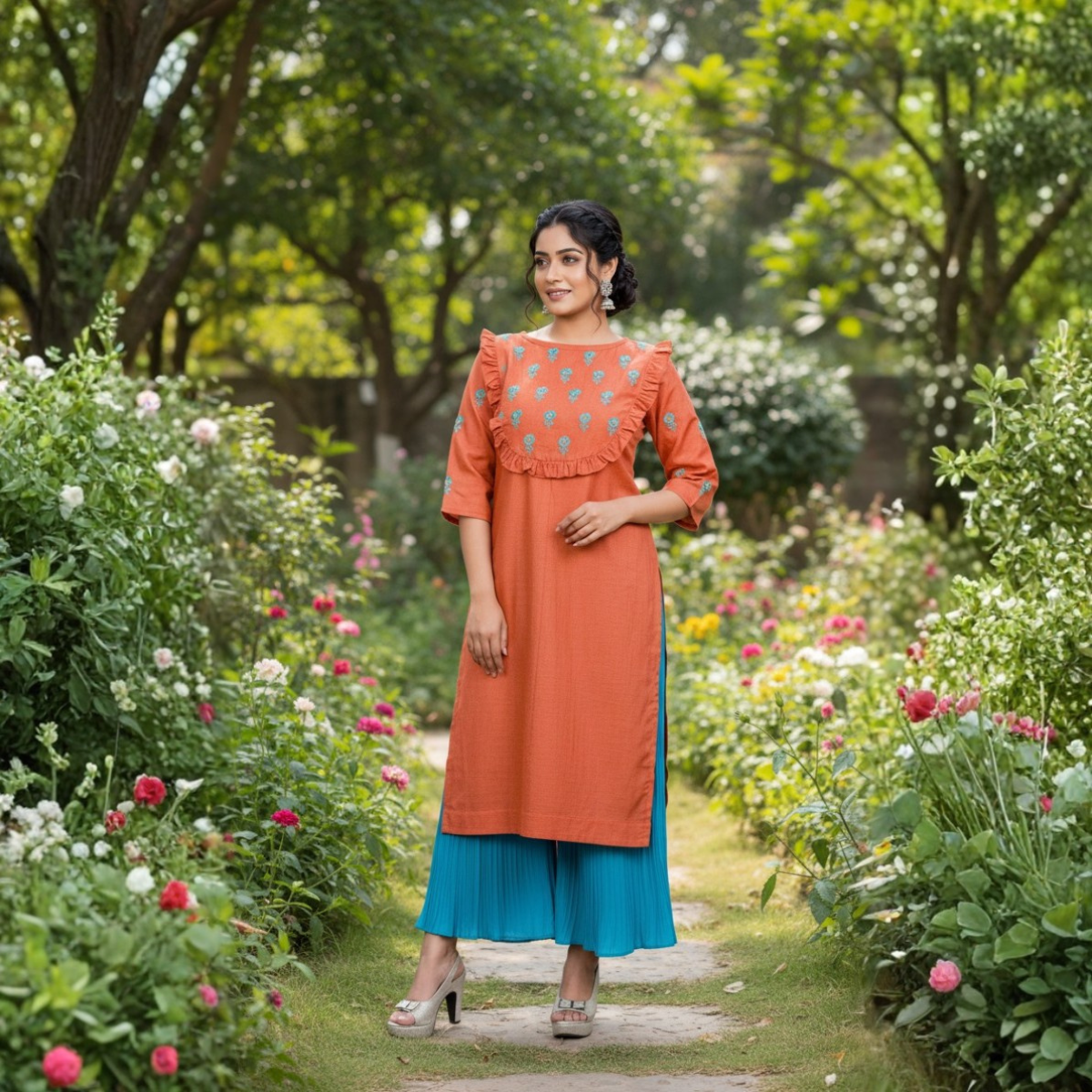 Rust Blossom Chikankari Kurta – Hand-Embroidered, Elegant Ethnic Wear