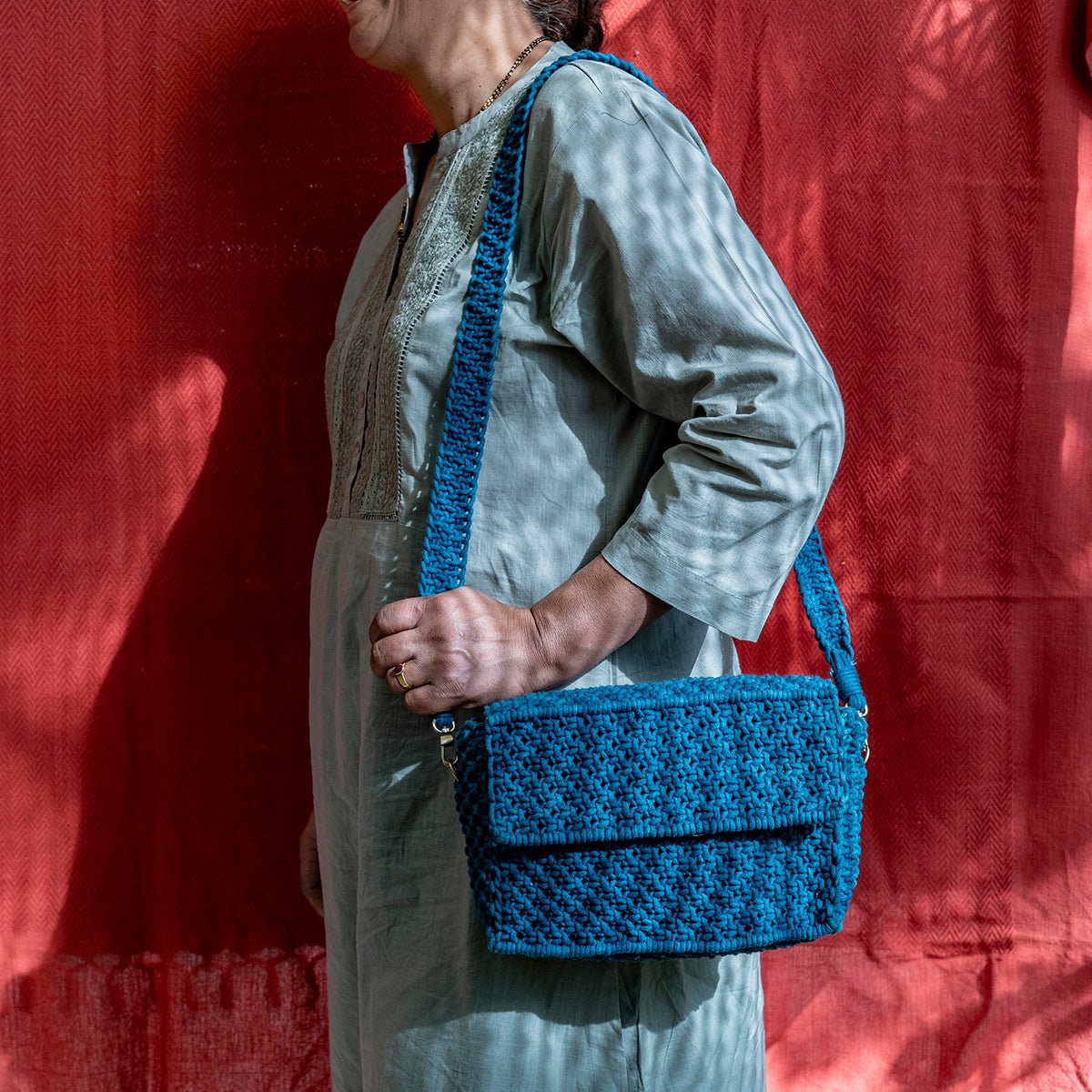 A Boxy Affair Hand - Knotted Sling Bag | Handmade Sustainable Fashion – Bags on Brown Living™. SKU: S22BOXYAFF119-IB. Img 7.