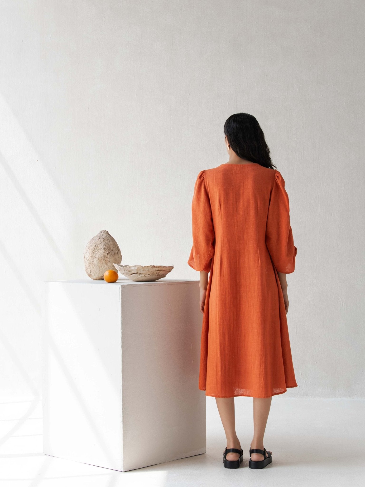 A - Line Dress with Puffed Sleeves | Elegant & Comfortable Cotton Dress – Womens Dress on Brown Living™. SKU: DCSS25D06S. Img 7.