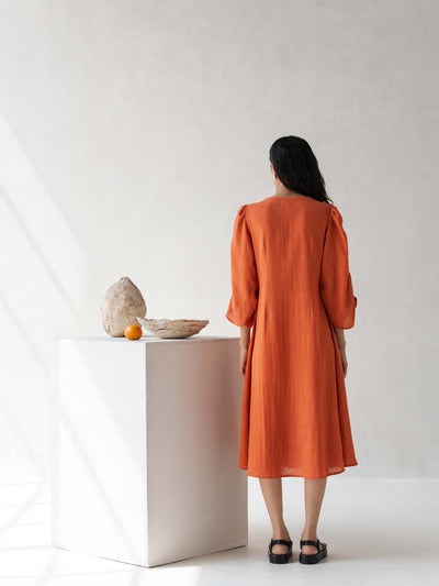 A - Line Dress with Puffed Sleeves | Elegant & Comfortable Cotton Dress – Womens Dress on Brown Living™. SKU: DCSS25D06S. Img 7.