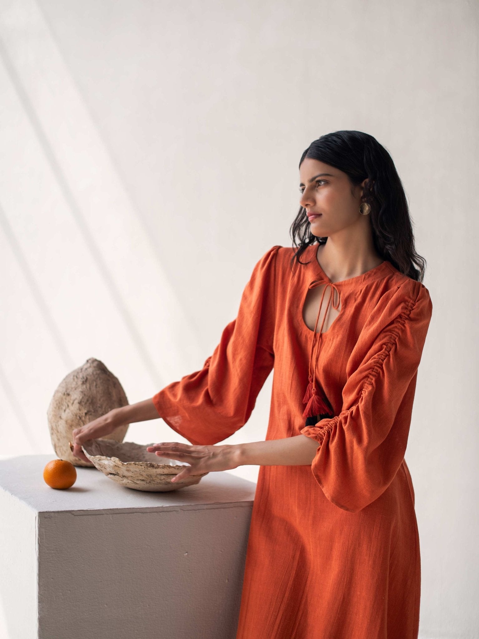 A - Line Dress with Puffed Sleeves | Elegant & Comfortable Cotton Dress – Womens Dress on Brown Living™. SKU: DCSS25D06S. Img 3.