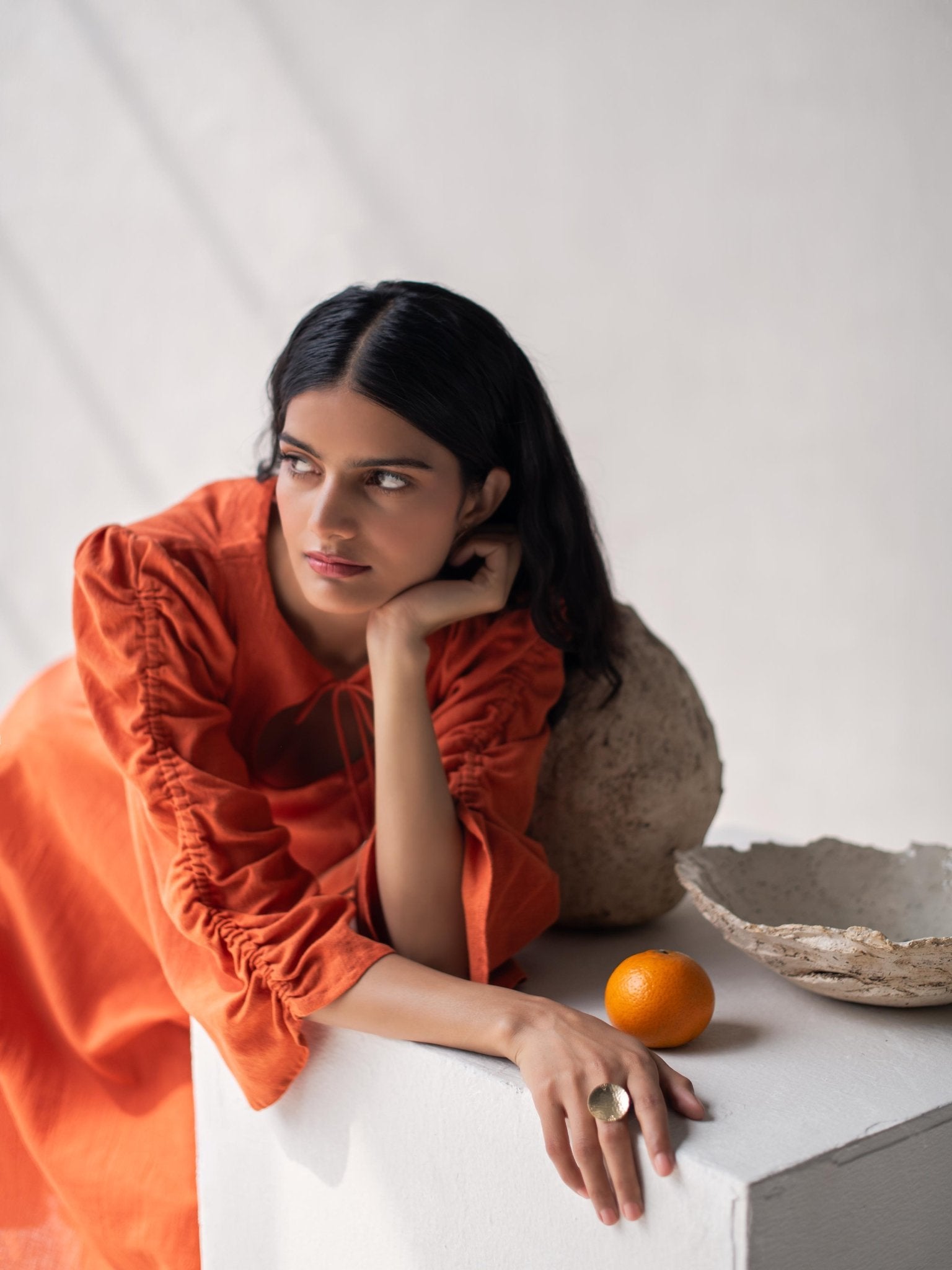 A - Line Dress with Puffed Sleeves | Elegant & Comfortable Cotton Dress – Womens Dress on Brown Living™. SKU: DCSS25D06S. Img 4.