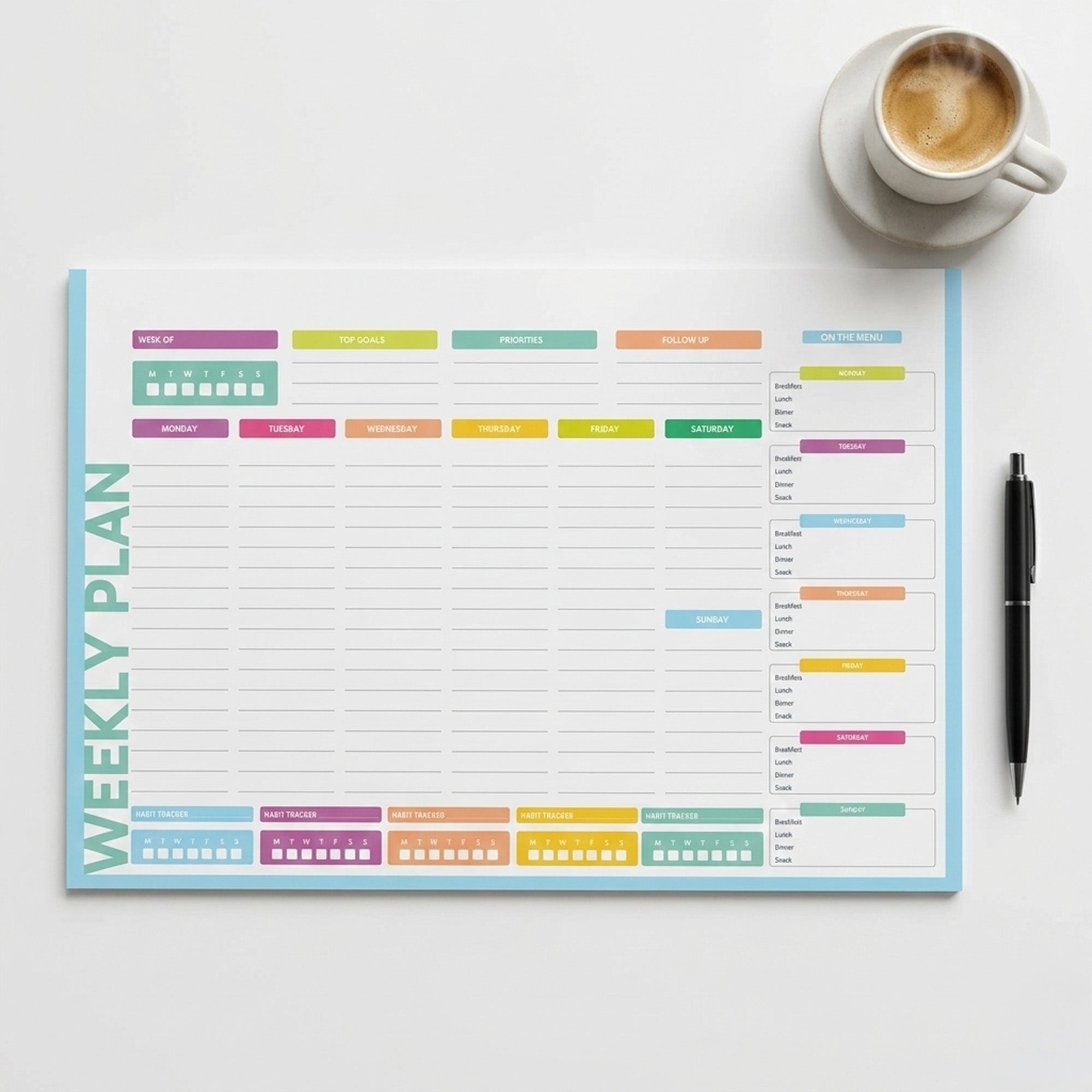 A4 Weekly Planner Desk Pad With To - Do List Goals And Priorities – Stationery on Brown Living™. SKU: 18-CA22-WeeklyPlanner. Img 1.