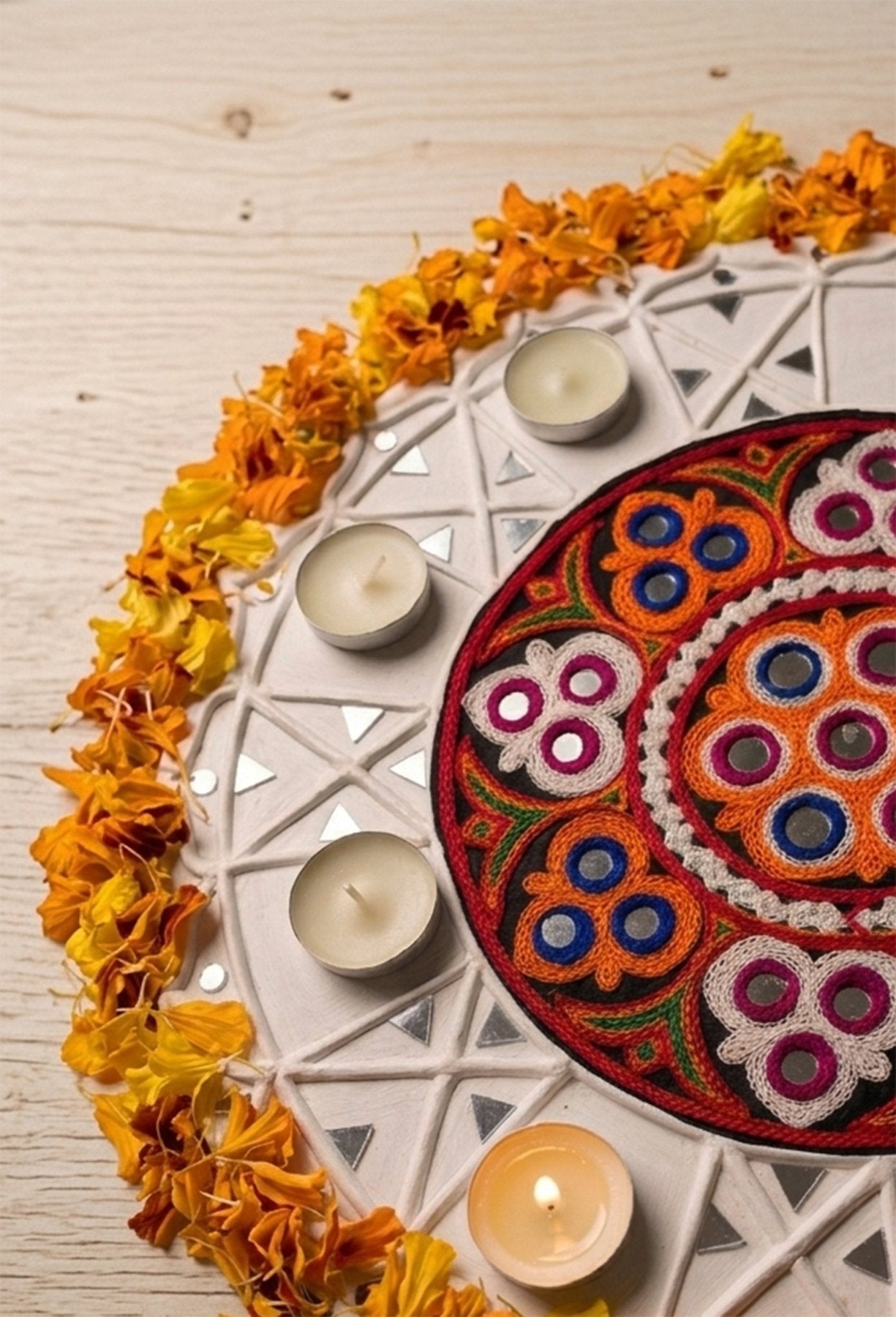 Aangan Aari Round Lippan Rangoli | Handcrafted Kutch Decor – Home Decor on Brown Living™. SKU: SDRA002. Img 3.