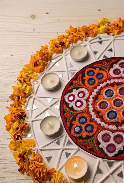 Aangan Aari Round Lippan Rangoli | Handcrafted Kutch Decor – Home Decor on Brown Living™. SKU: SDRA002. Img 3.
