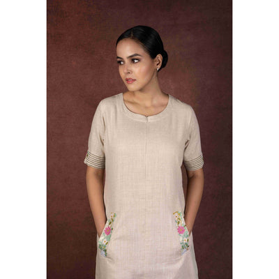 Aaranya Jute Cotton Dress With Pocket & Back Embroidery – Womens Dress on Brown Living™. SKU: HD1005. Img 2.