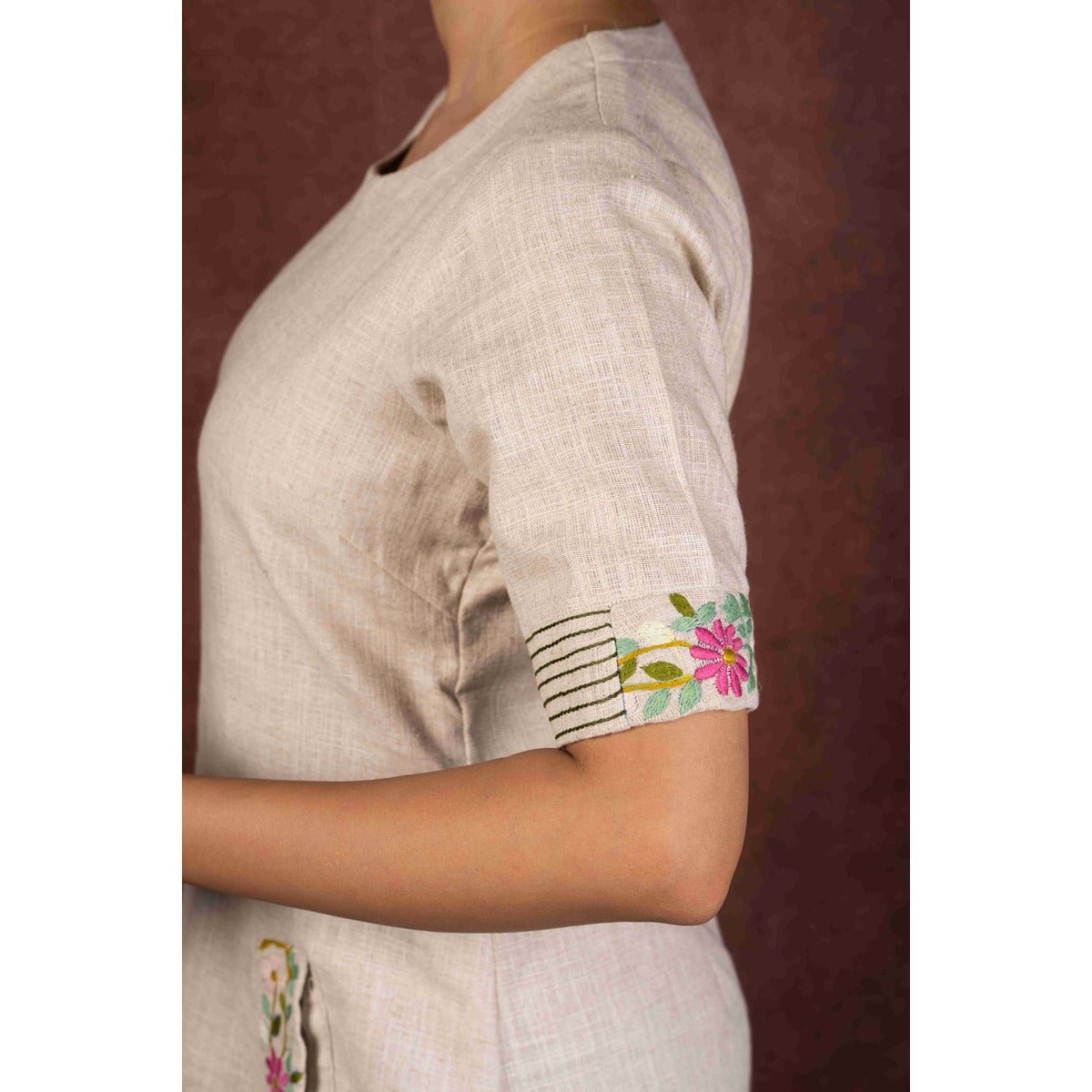 Aaranya Jute Cotton Dress With Pocket & Back Embroidery – Womens Dress on Brown Living™. SKU: HD1005. Img 5.