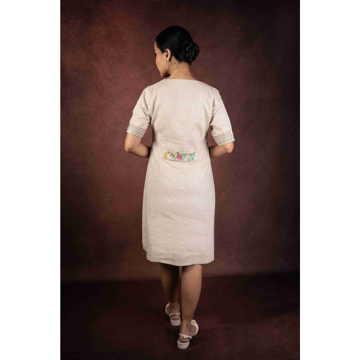 Aaranya Jute Cotton Dress With Pocket & Back Embroidery – Womens Dress on Brown Living™. SKU: HD1005XSN. Img 6.